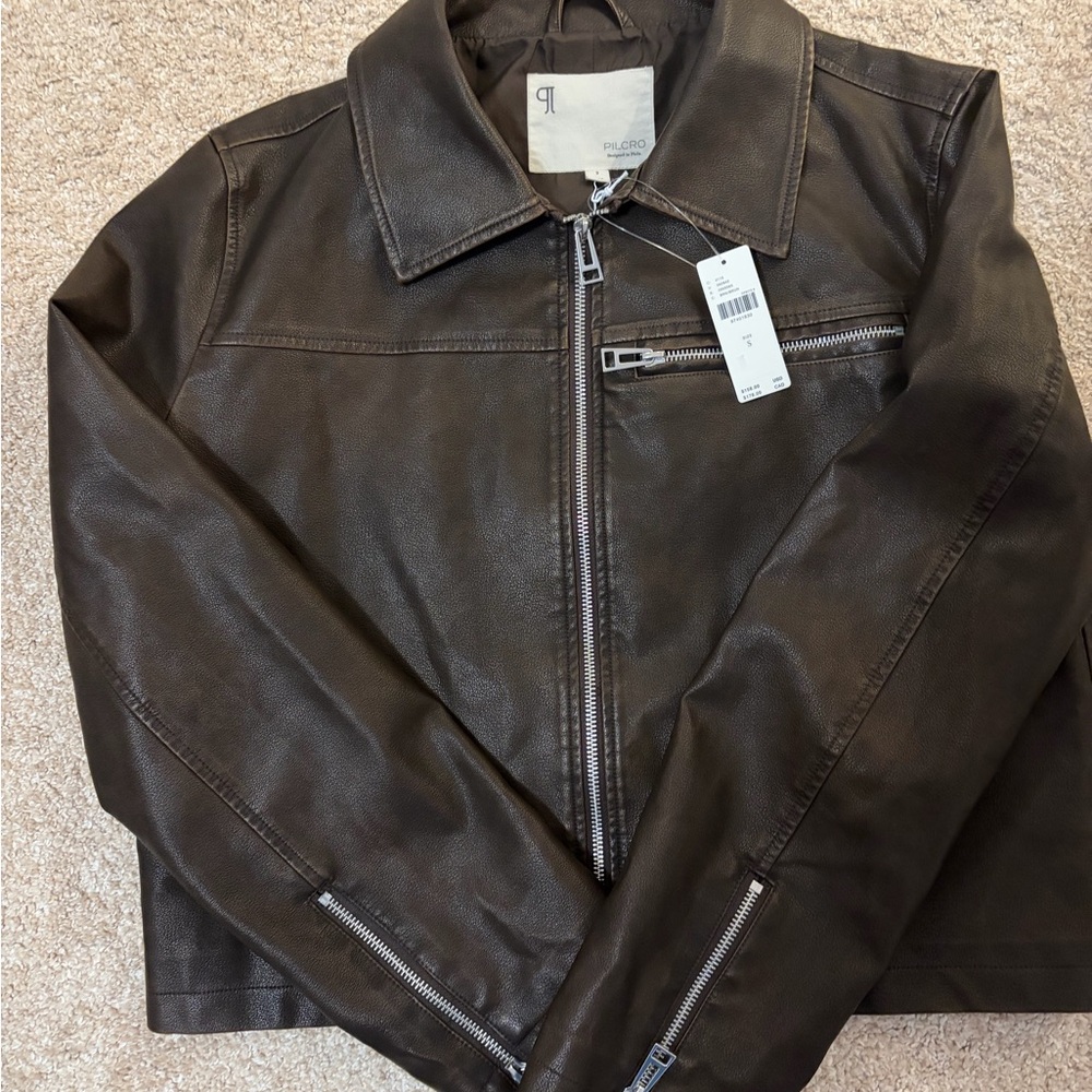 Pilcro Dark Brown Leather Jacket with Zipper Accents